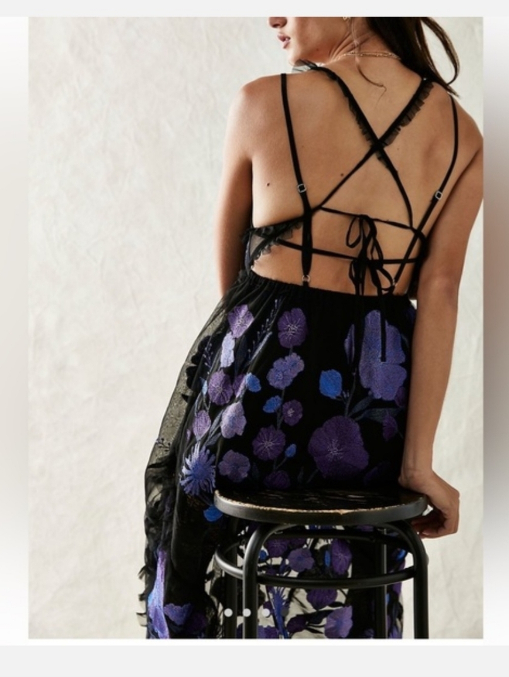 For Love & Lemons Black Sheer Dress with Purple & Blue Floral Embroidery - Picture 6 of 8
